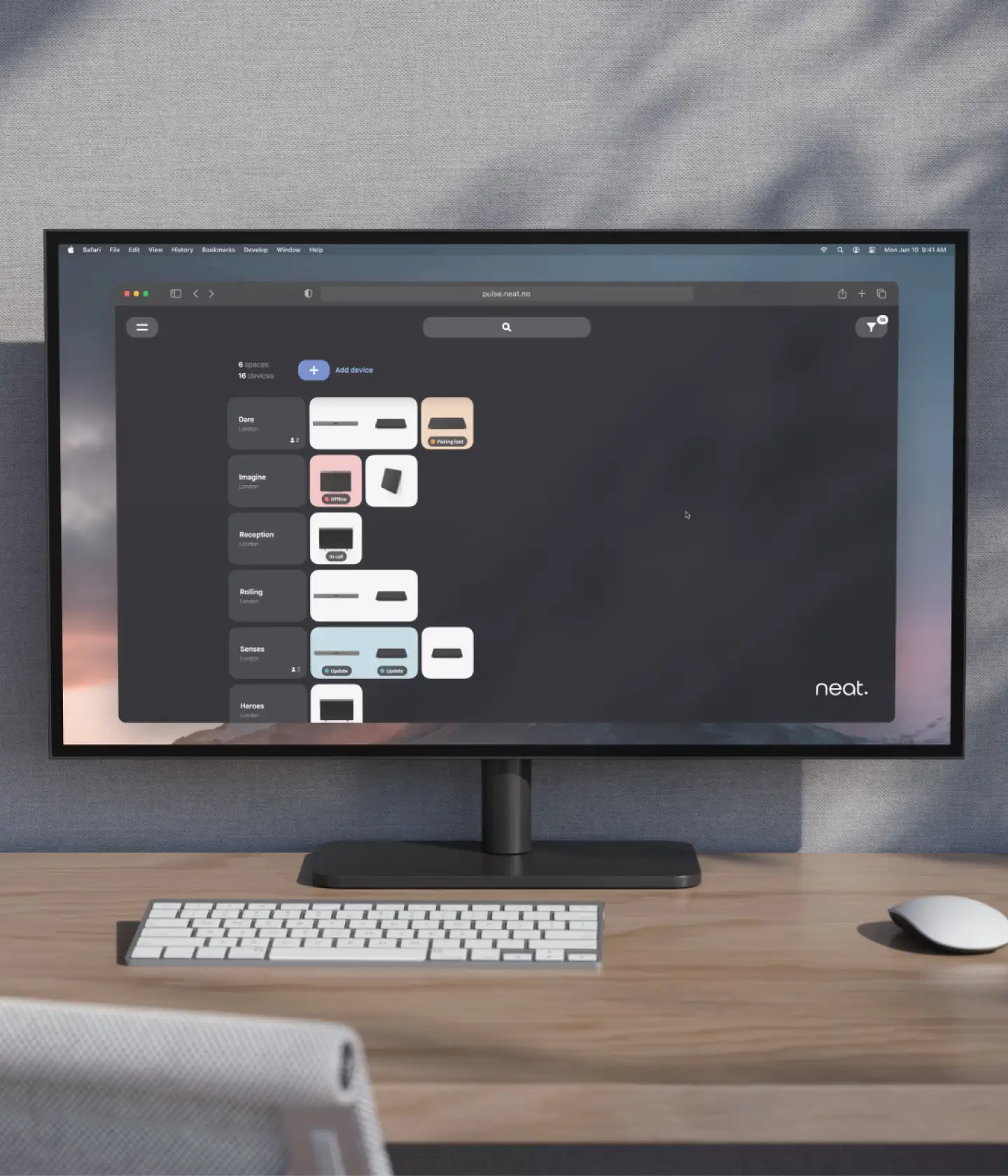 Neat Bar Pro in a triple-screen setup, with Neat Pad as meeting controller