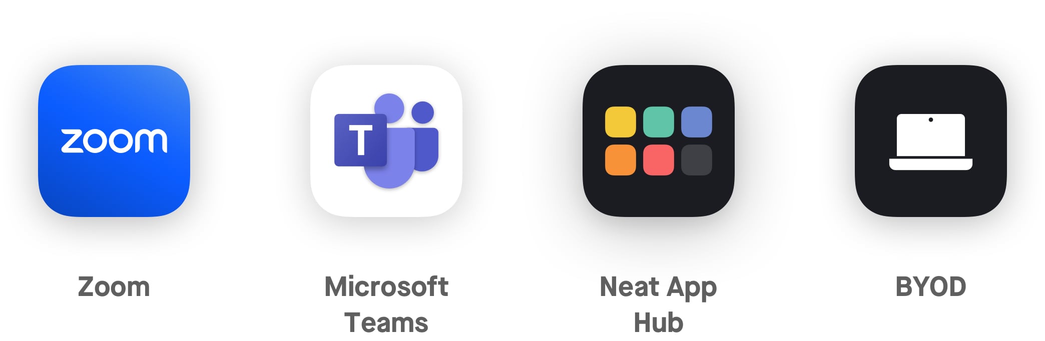 Zoom, Microsoft Teams, Neat App Hub, BYOD - icons