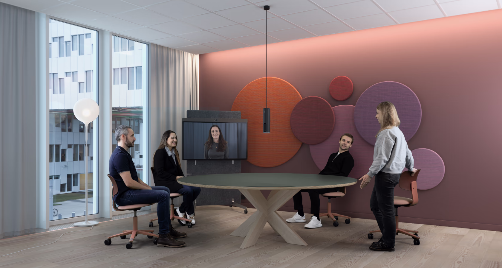 Neat Center brings remote meeting attendees closer to where the conversation happens in any room where you have a main Neat device.