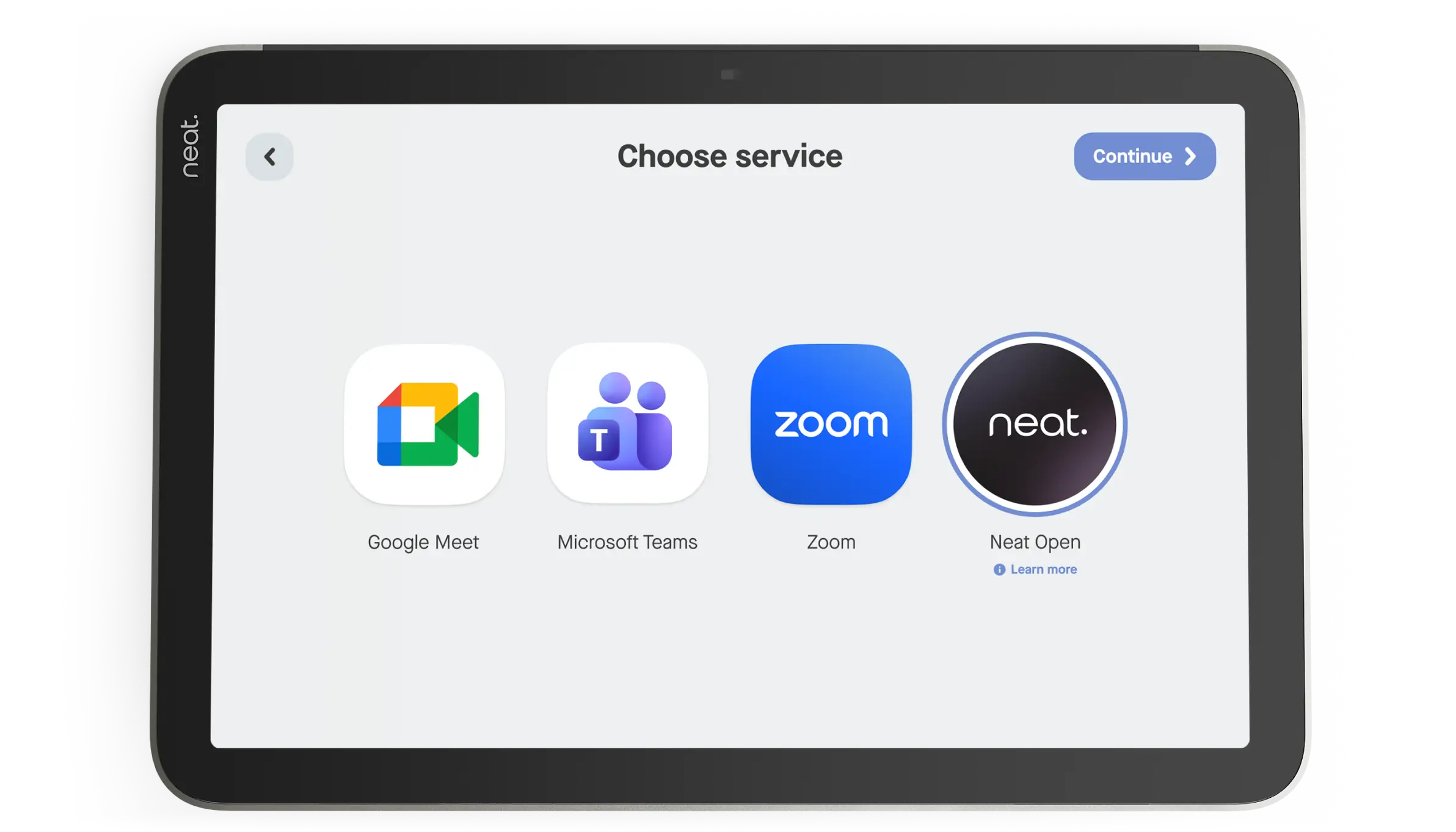 Neat Pad Pro with available services shown on its screen: Google Meet, Microsoft Teams, Zoom, Neat Open.