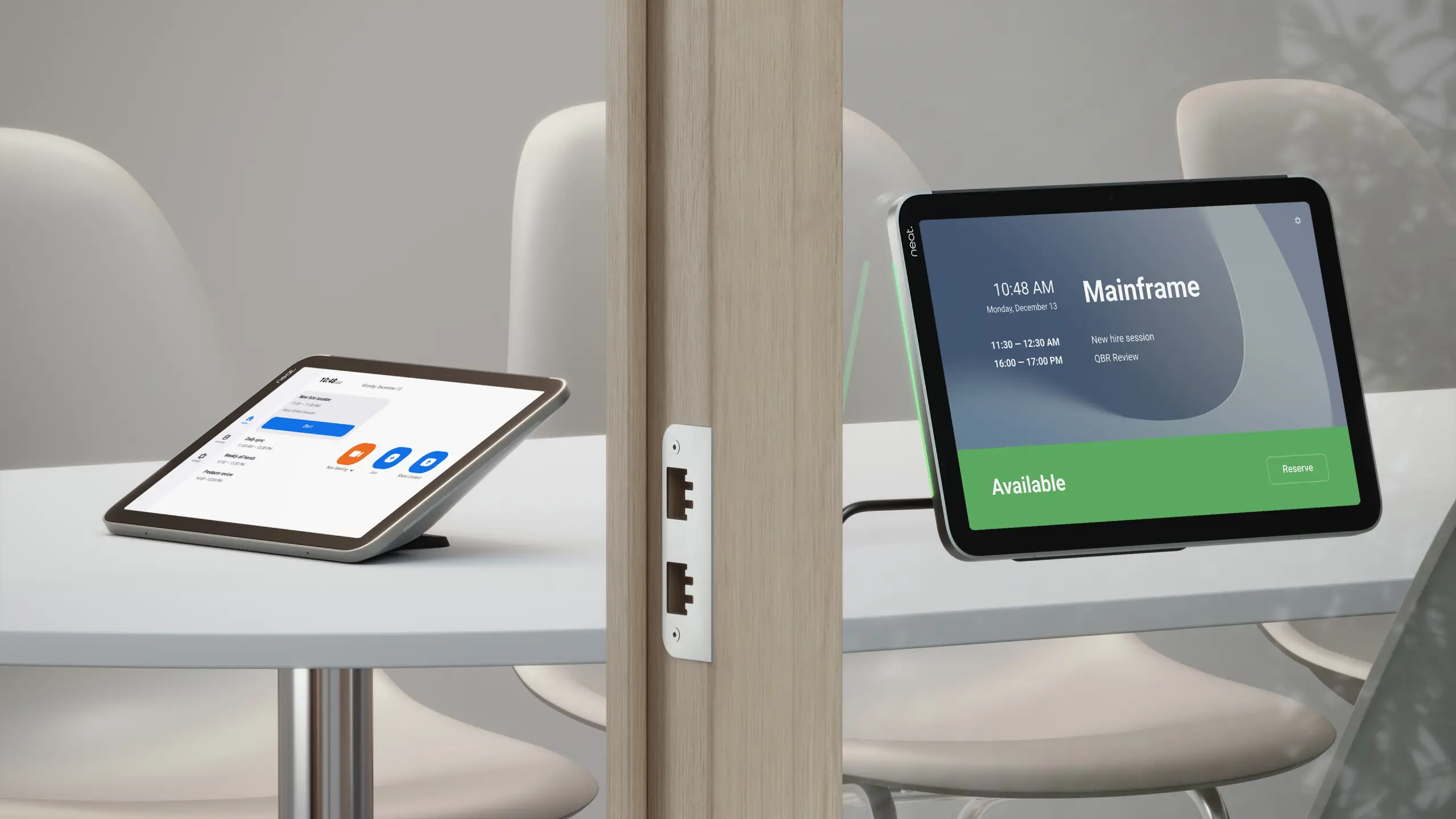Two Neat Pad Pros. One acts as a meeting controller, the other as a scheduling display.
